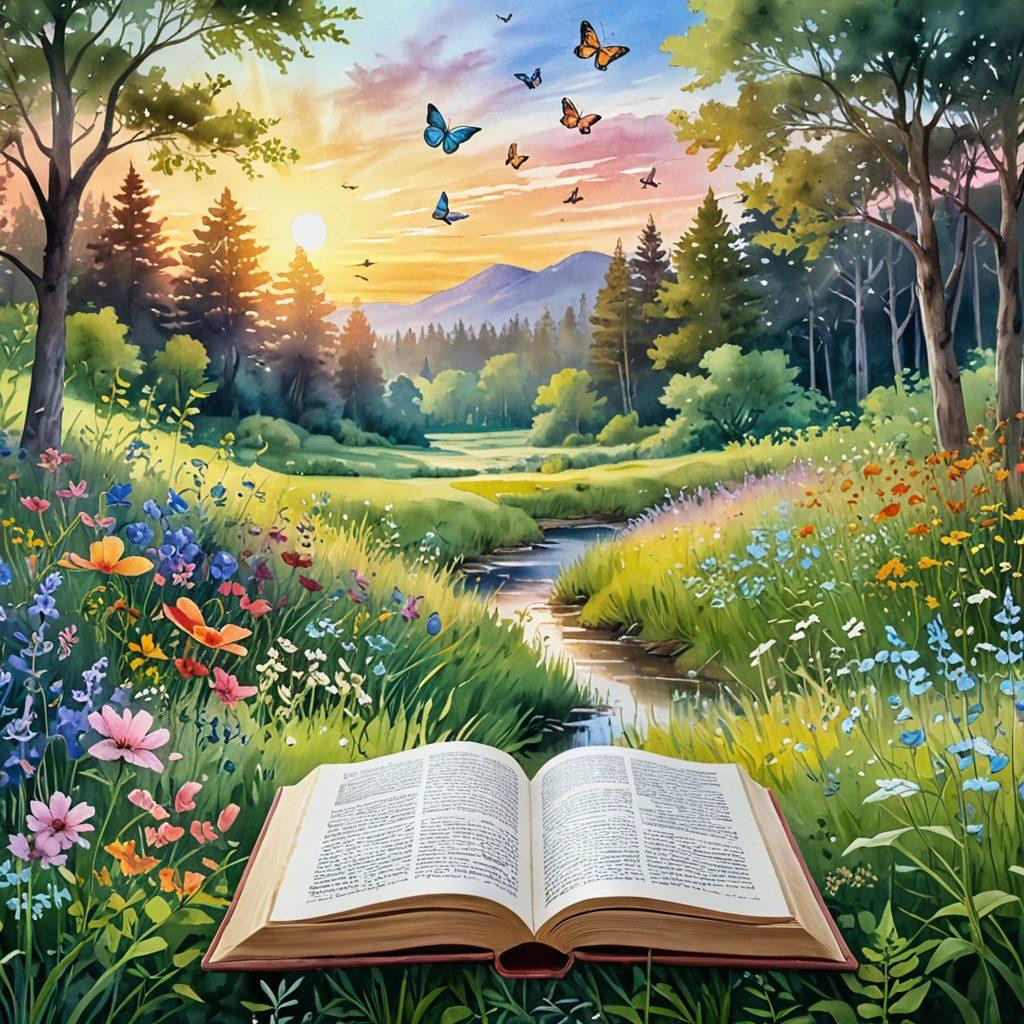 A serene landscape with a radiant sunrise illuminating a peaceful meadow filled with vibrant wildflowers. In the foreground, an open book with fluttering pages, symbolizing the journey of discovering happiness. Soft beams of light filtering through lush green trees, creating a sense of tranquility and joy. Whimsical elements like butterflies and birds adding life and movement. watercolor painting. bright pastel colors.