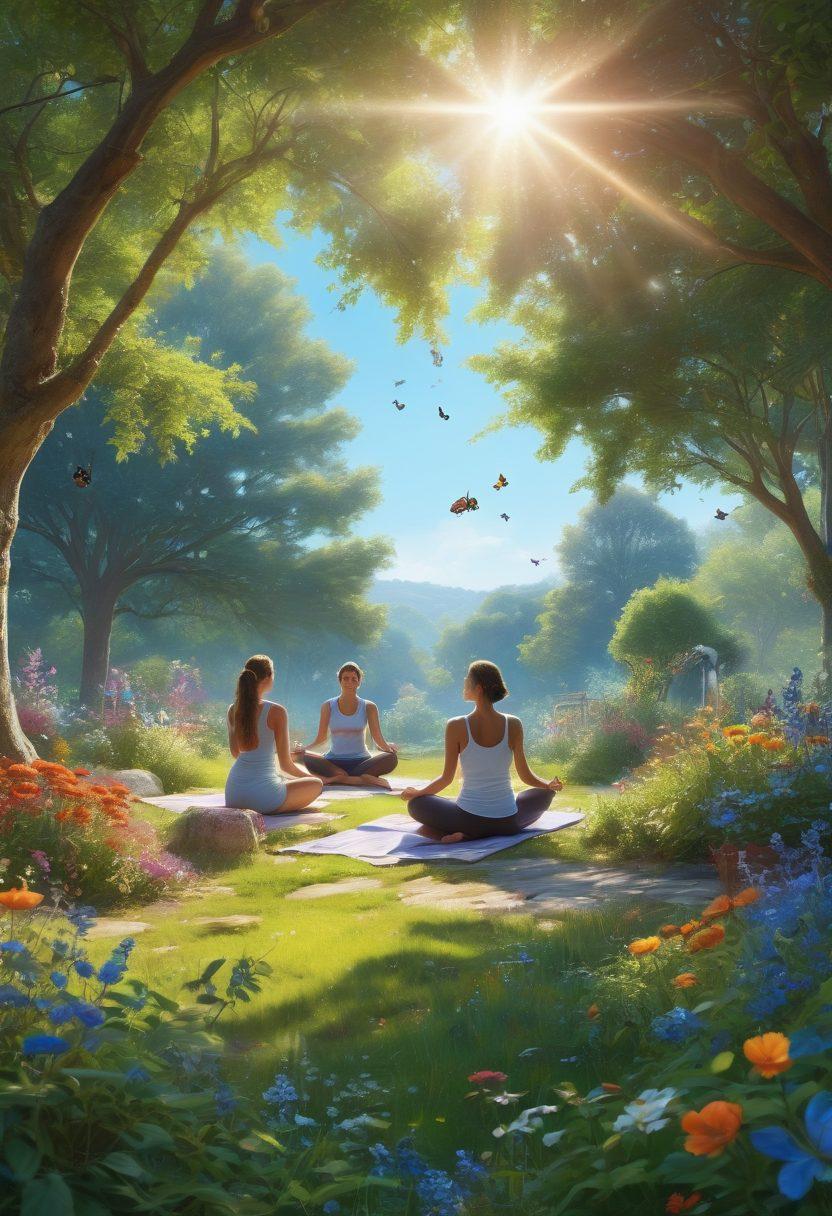 A bright, sunlit landscape featuring a diverse group of people joyfully engaging in various positive activities like gardening, practicing yoga, and laughing together. The scene should radiate warmth and happiness, filled with blooming flowers and vibrant colors, under a clear blue sky. Add elements like light beams and playful butterflies to enhance the uplifting mood. super-realistic. vibrant colors. joyous atmosphere.